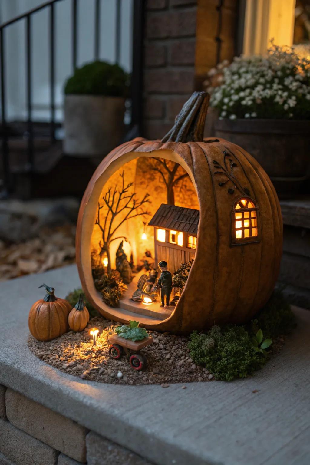 A pumpkin diorama unveils a charming mini-world tucked inside.