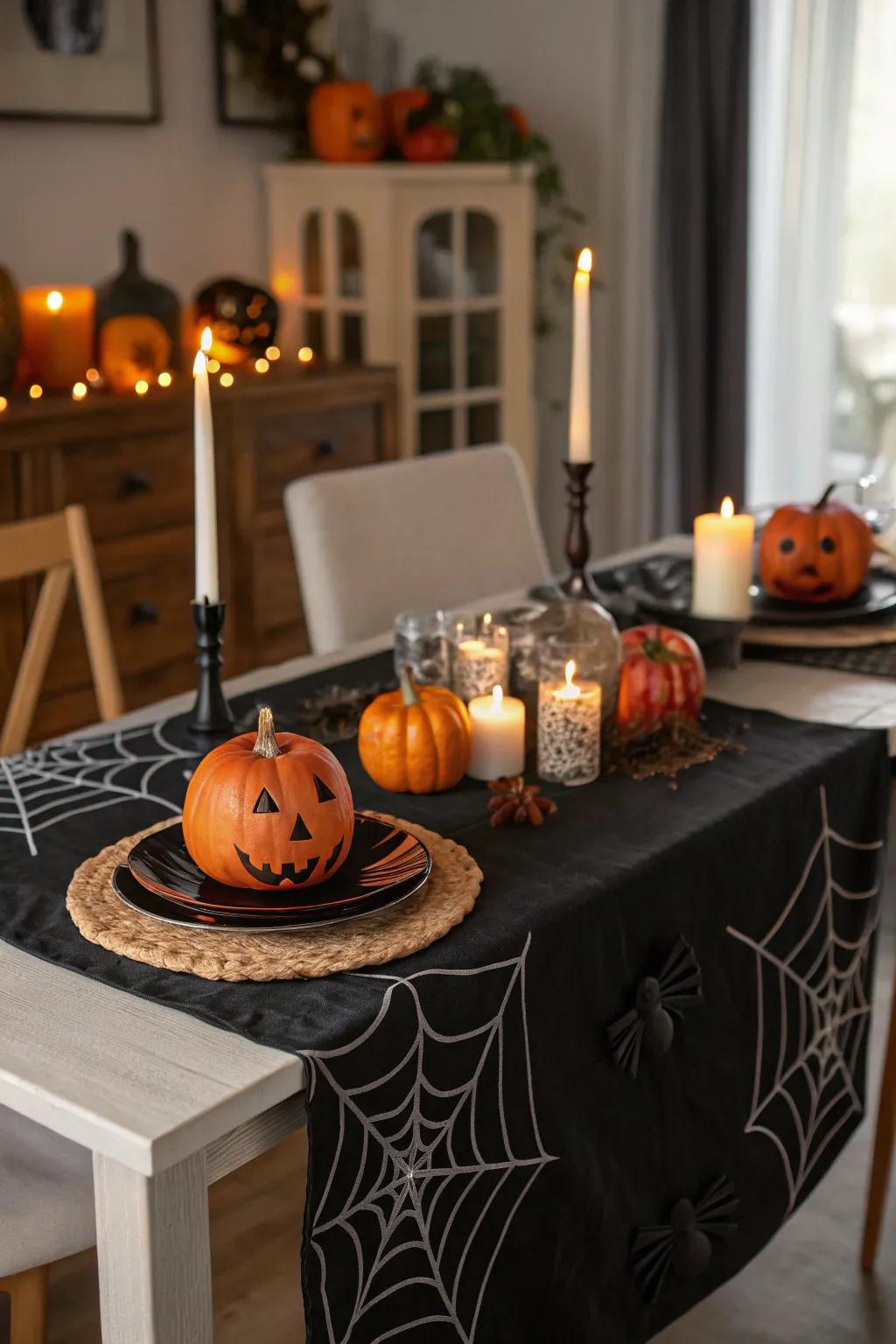 An adhesive film table runner incorporates a spooky accent to dinner gatherings.