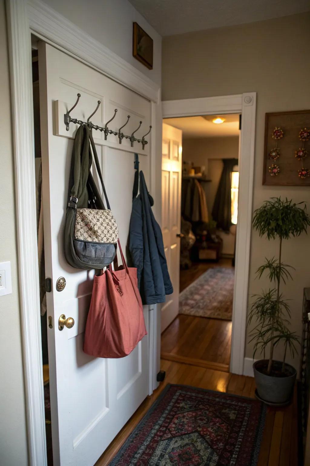 Fixtures on a hallway closet door for effective use of vertical space.