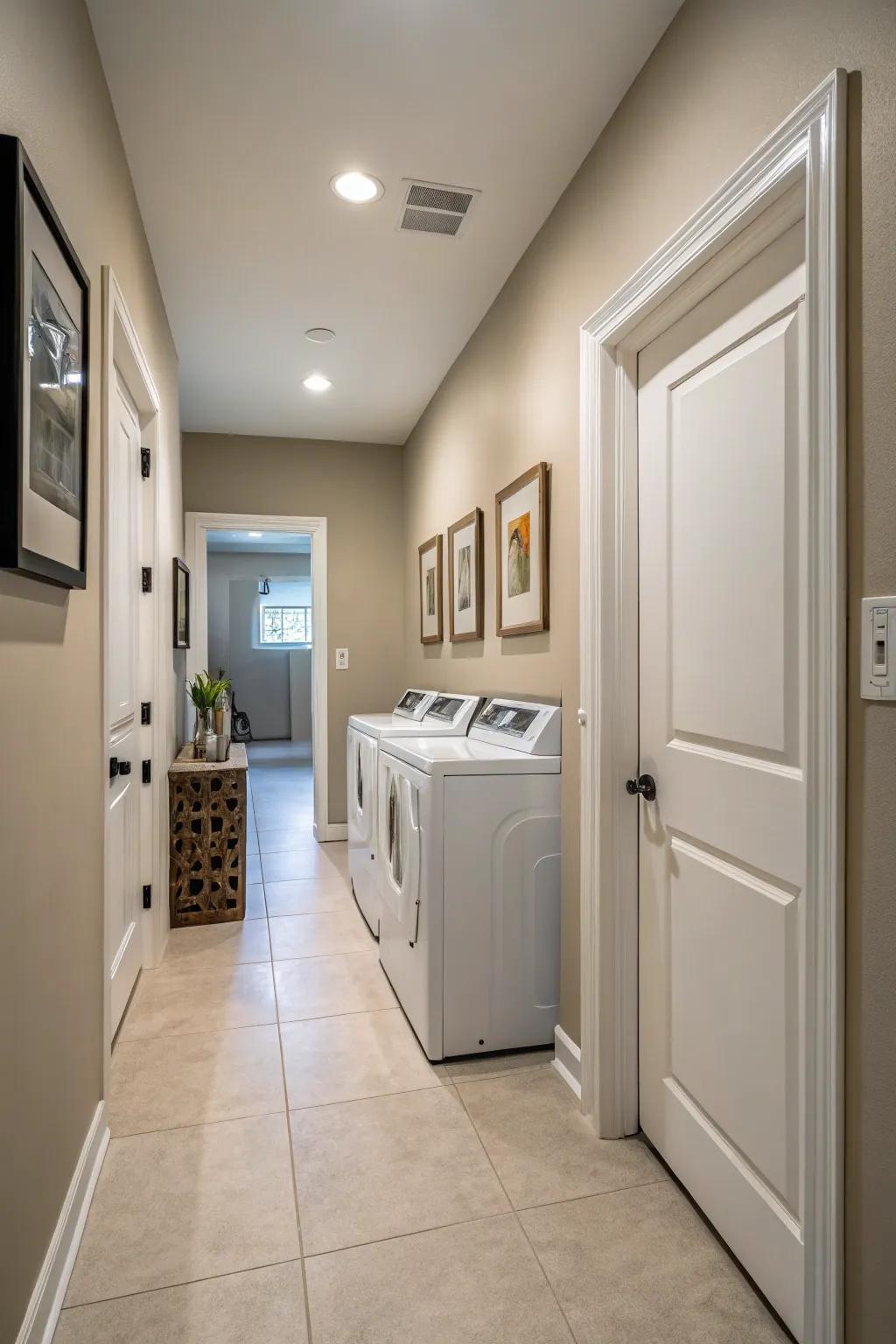 Subtle shades fashion a serene and expansive sensation in a corridor washing room.