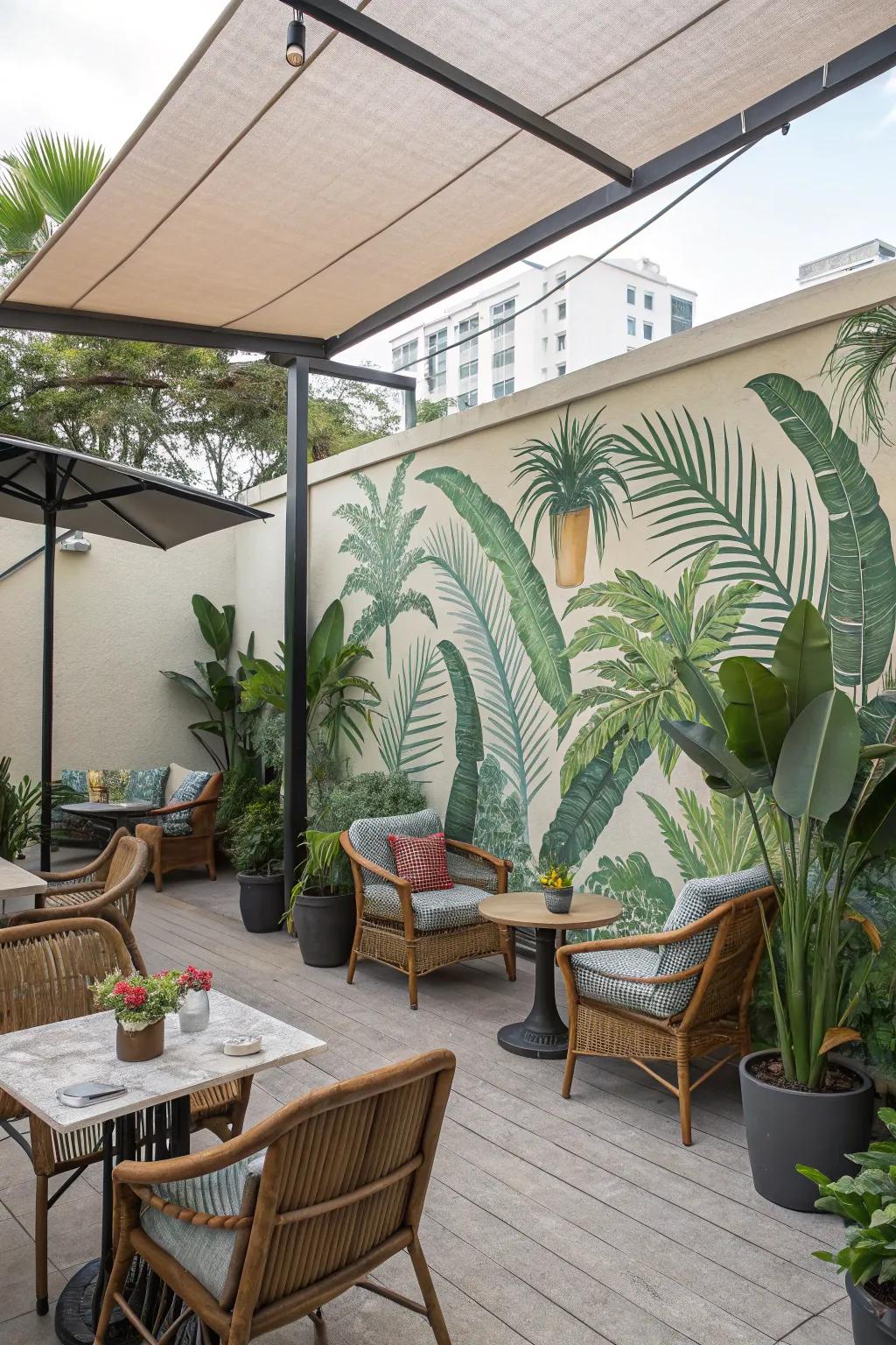 A tropical mural transforms this patio into a relaxing escape.