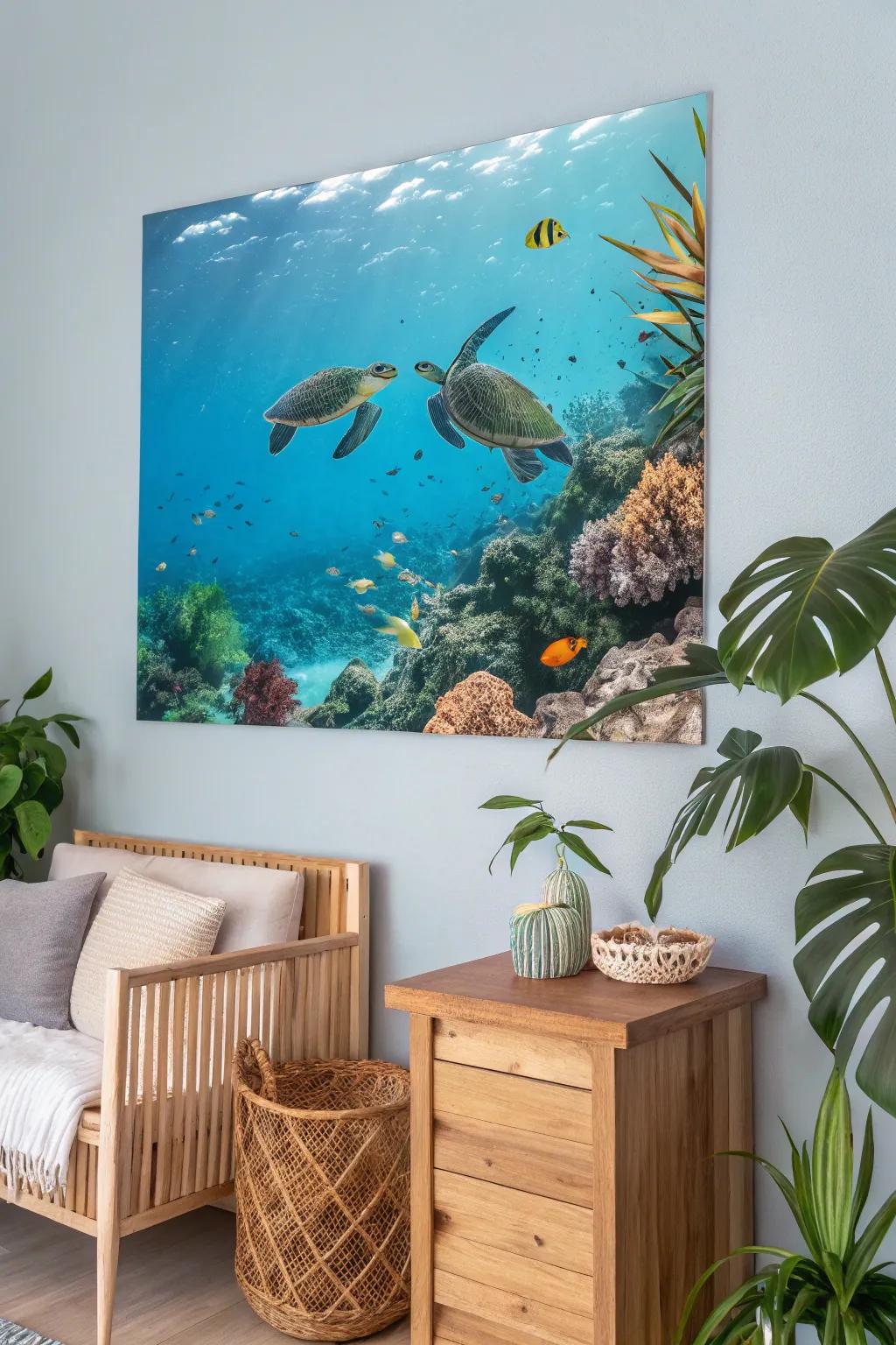 An artwork displaying Hawaiian sea turtles in a nature-themed room.