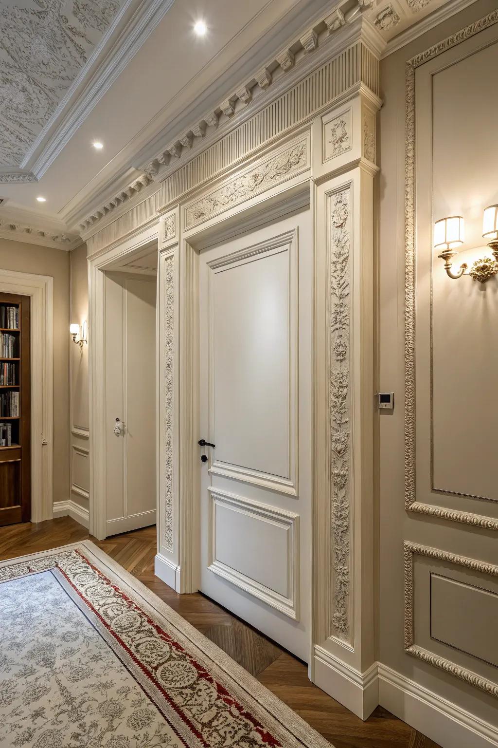 A room featuring a hidden door trimmed with crown molding.