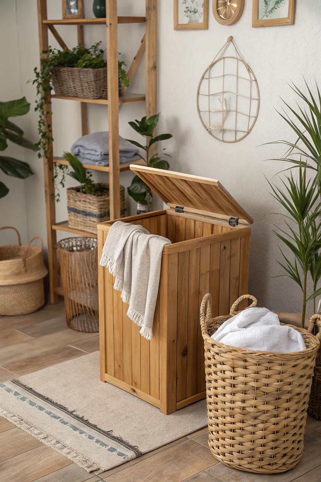 Go for wooden hampers that match natural decor.