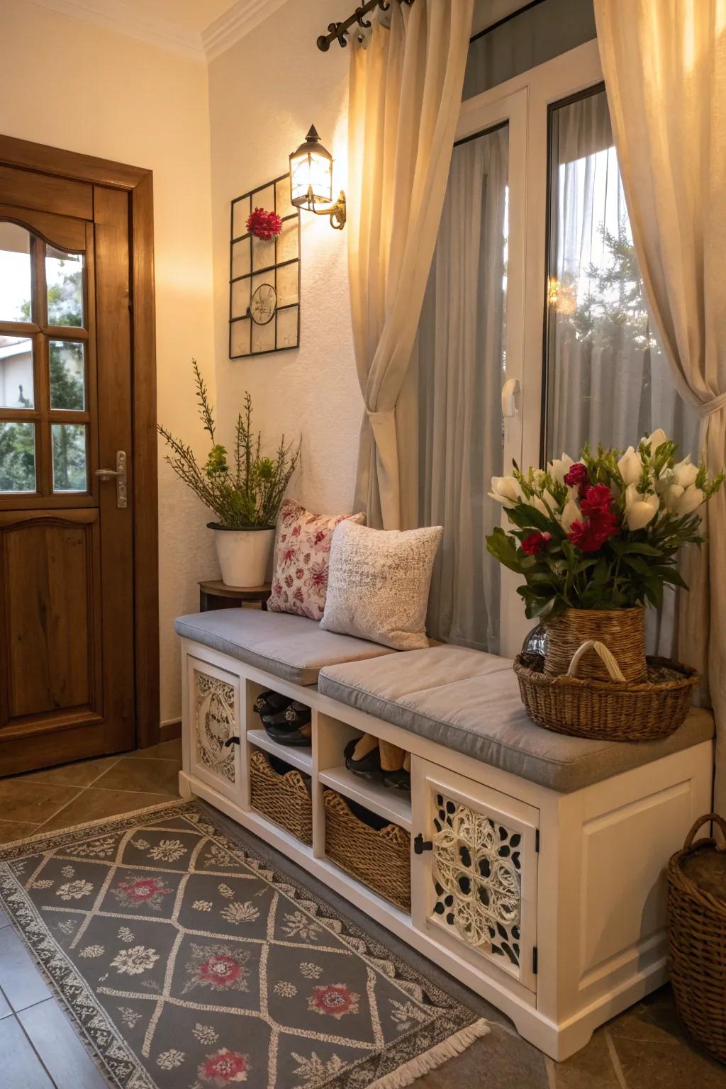 Shoe storage benches offer dual functionality for entryways.