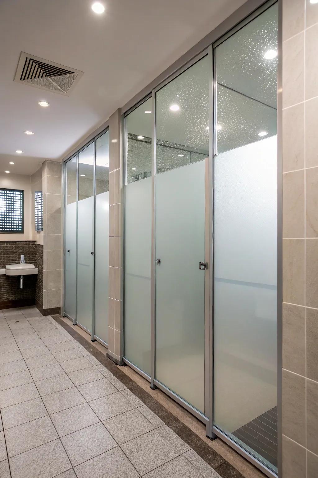 Iced glass walls balance privacy and light in a hidden shower.