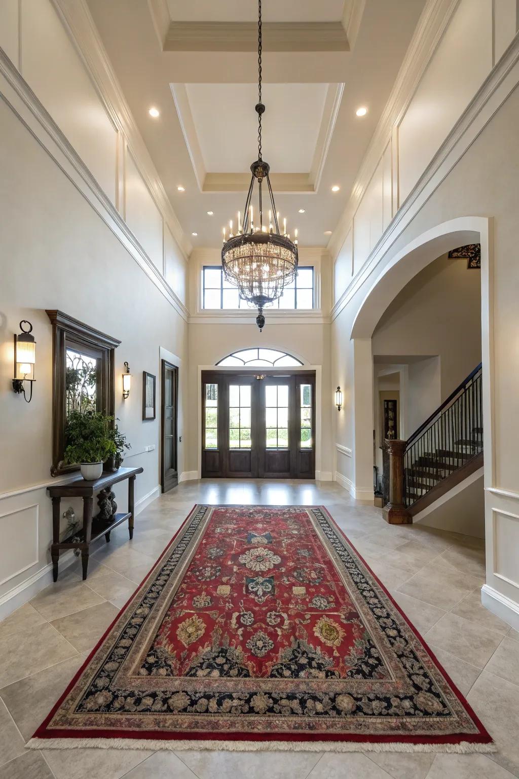A statement rug grounds the space and adds texture.