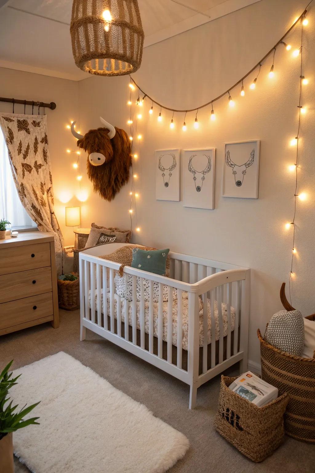 Soft lighting enhances the cozy and comforting feel of the nursery.