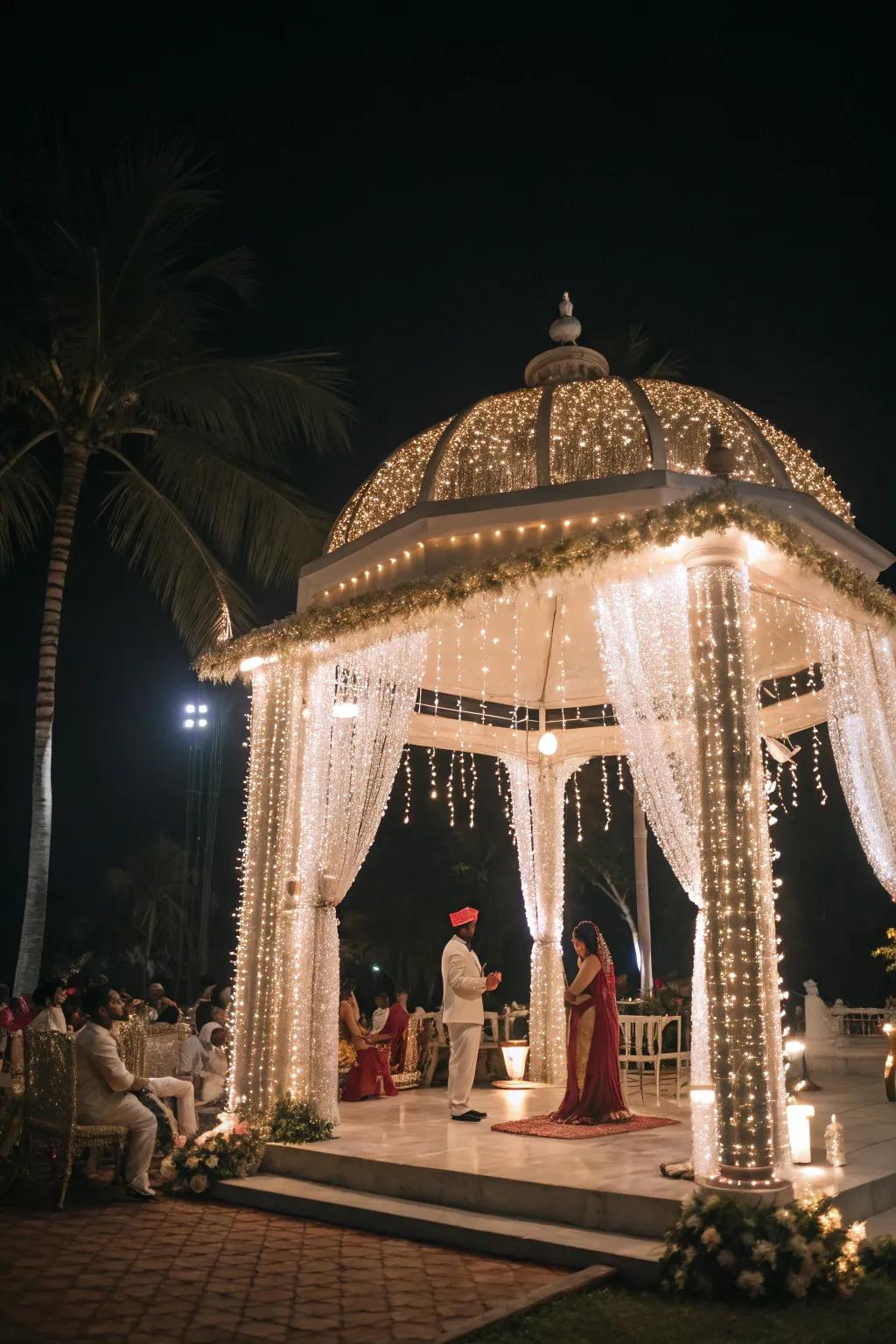 Whimsical lights creating a dreamy atmosphere around the mandap.