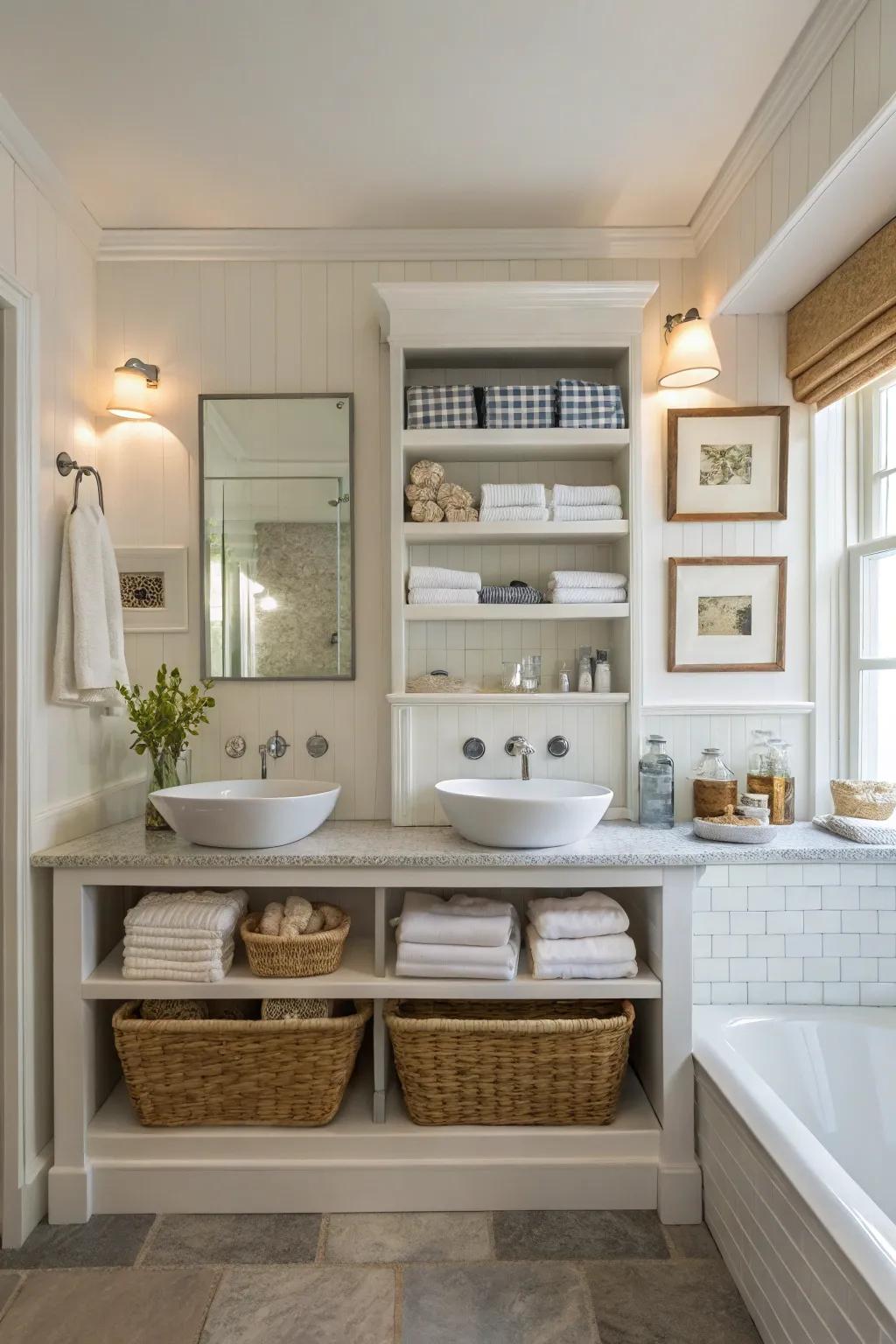 A bathroom with practical exposed storage and fashionable dual sinks.