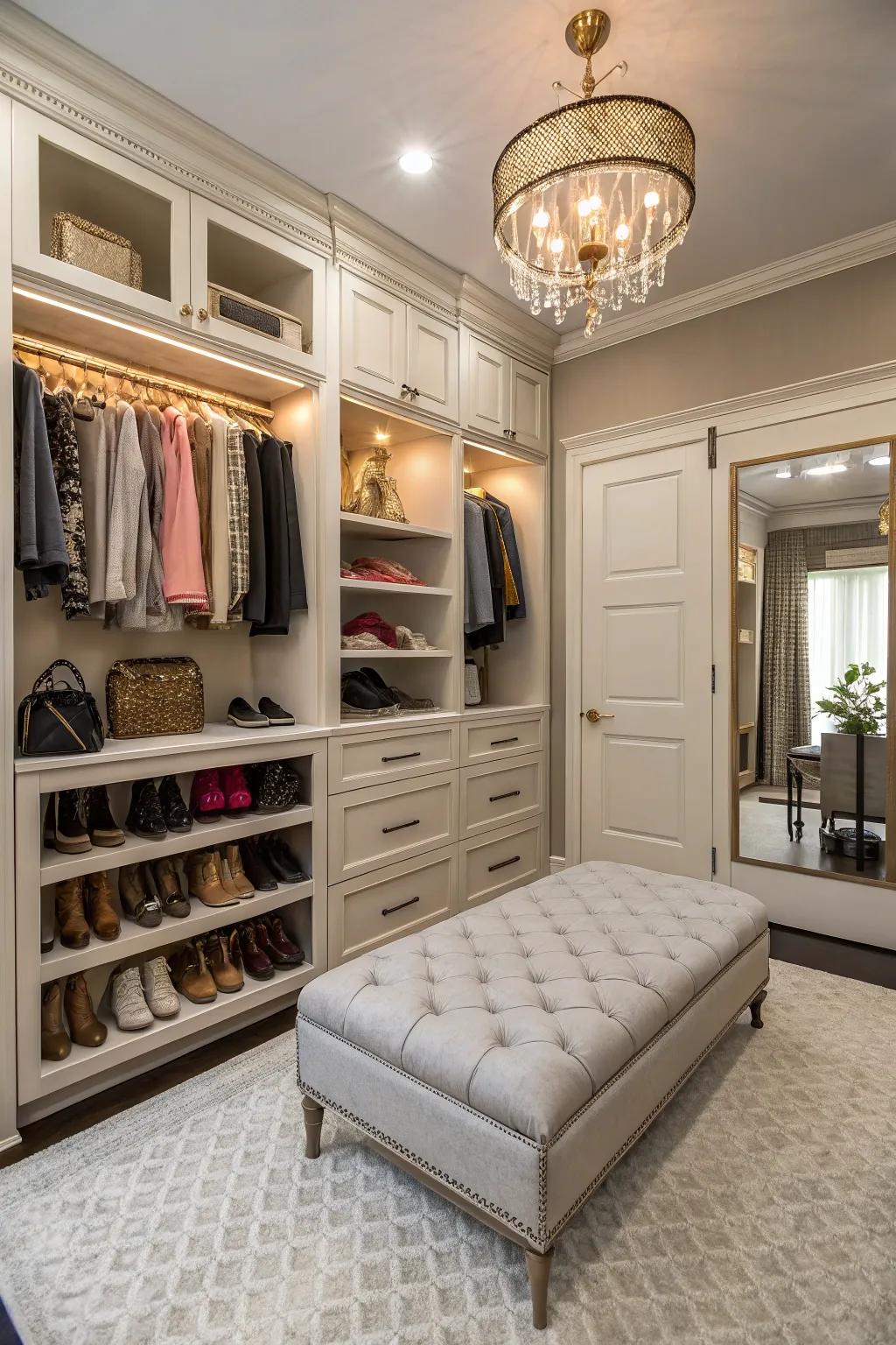 A seating area adds comfort and style to your closet experience.