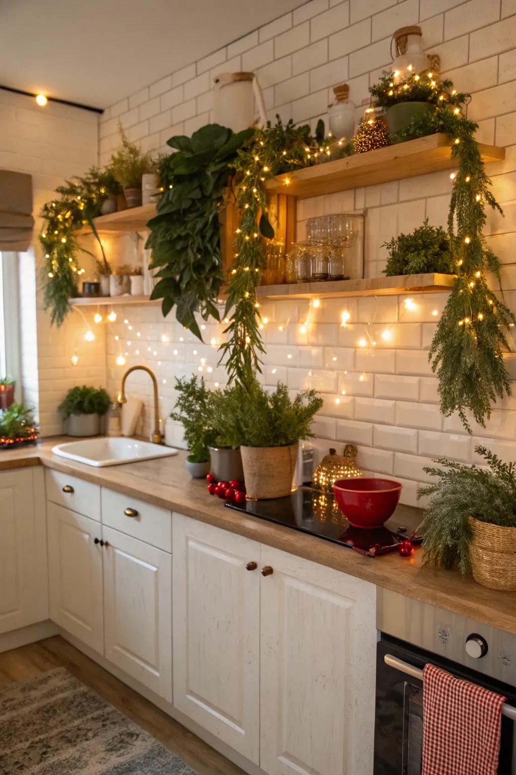 A festive cooking area setting featuring greenery and illuminations.