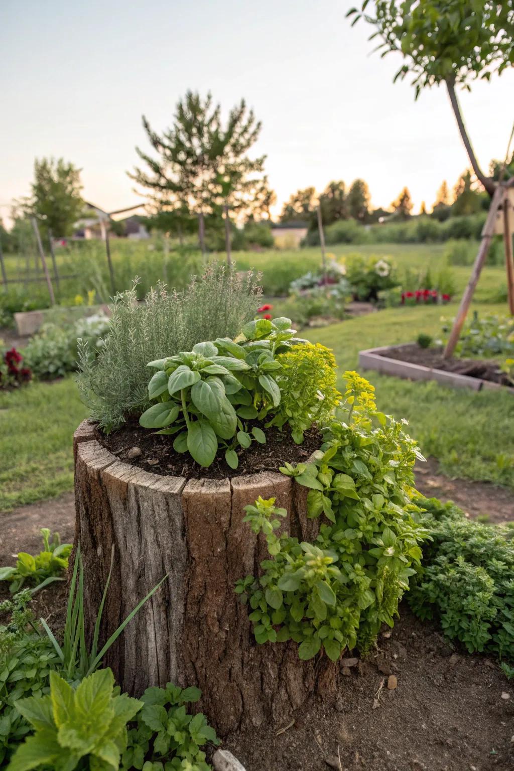 A mini herb garden conveniently nestled in a tree stump.