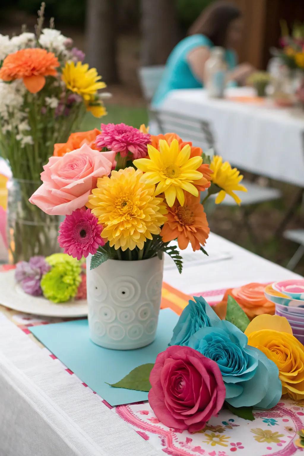 Floral decorations introducing a refreshing note to the party decor.