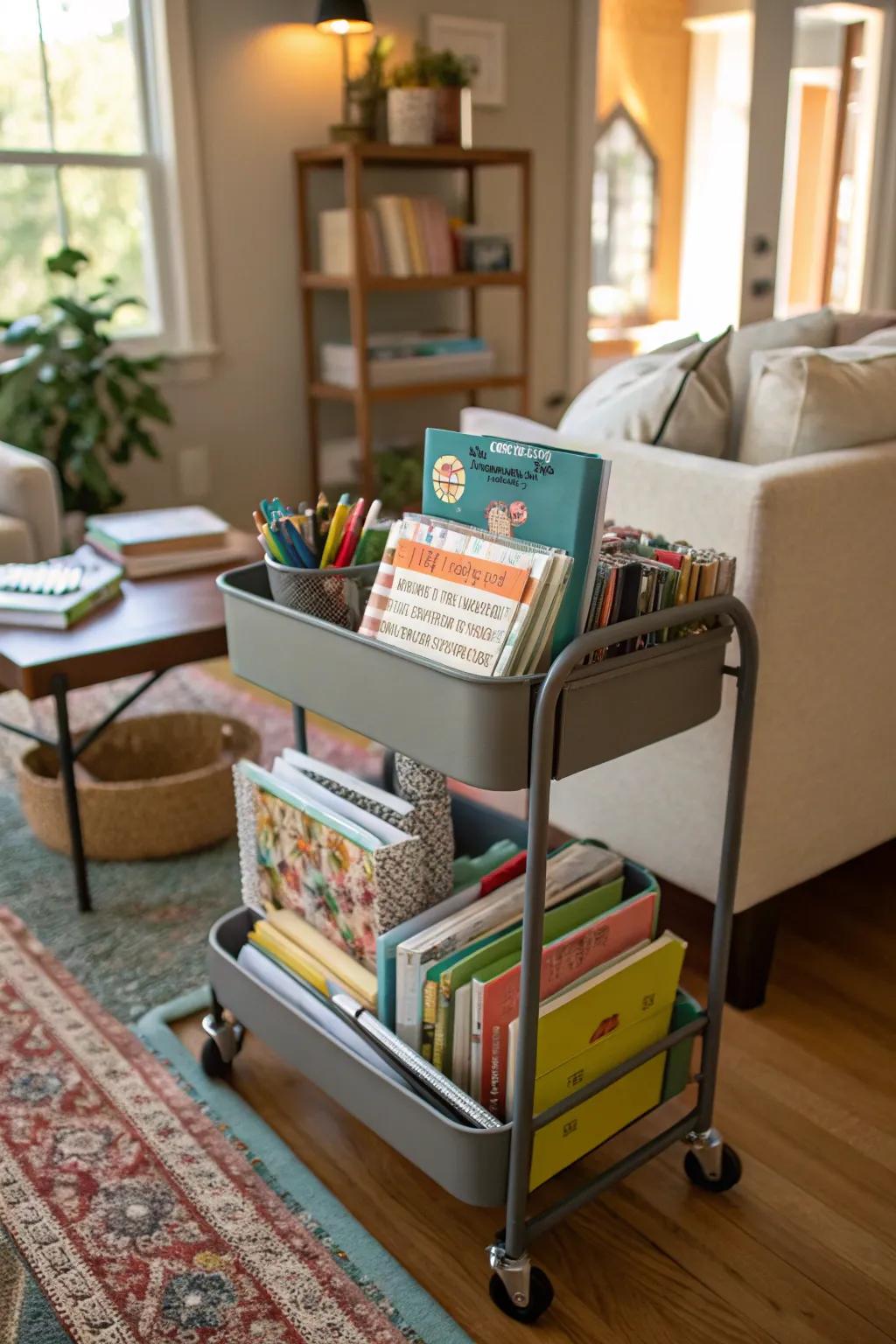 Carts on wheels deliver mobility and adaptability for homeschooling anywhere within the dwelling.