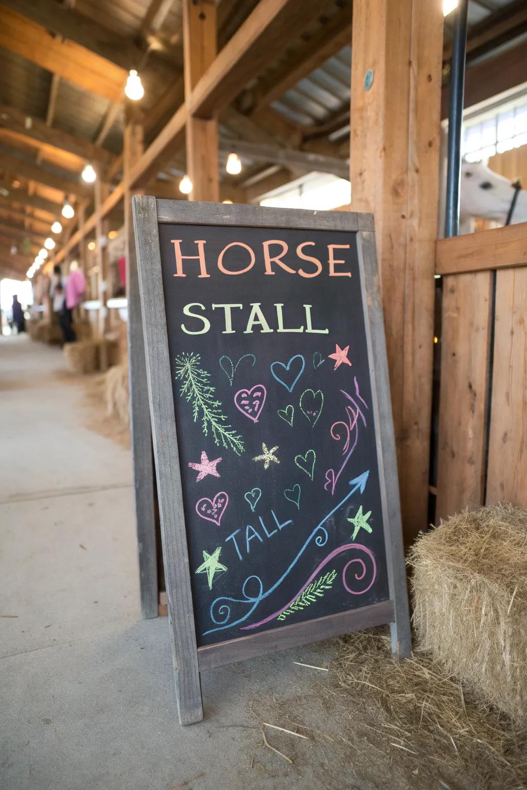 A flexible darkboard sign for a horse stall.