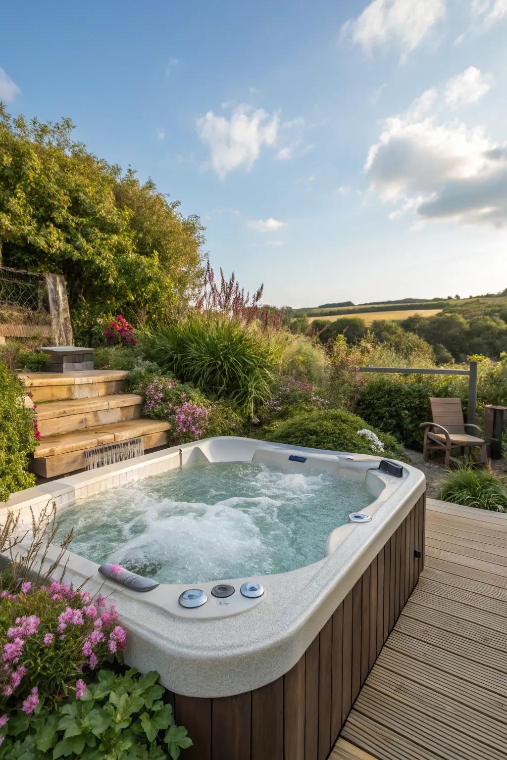 A waterfall enhances the tranquil ambiance of the hot tub area.