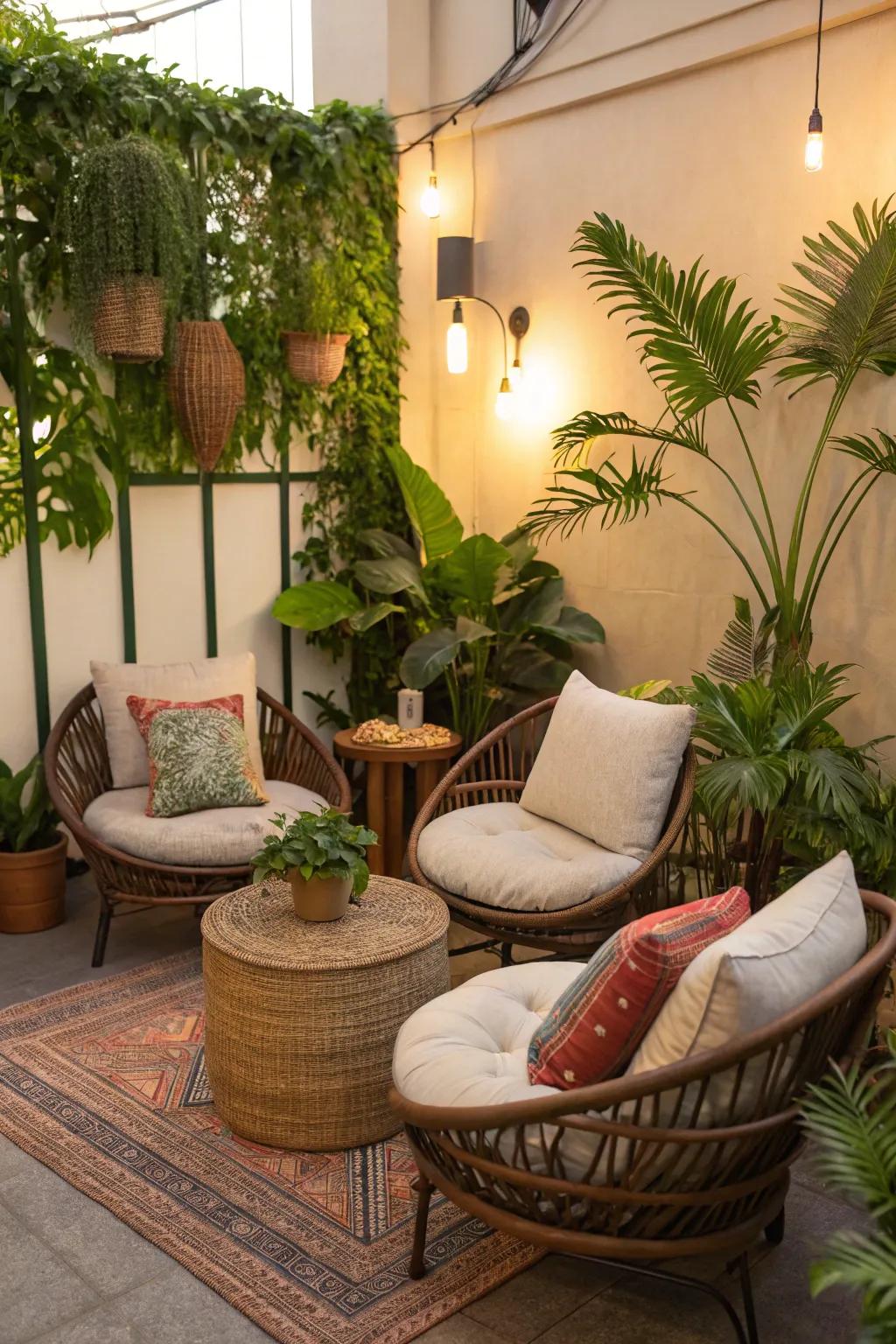 Craft inviting alcoves using cushions and vegetation for a welcoming vibe.