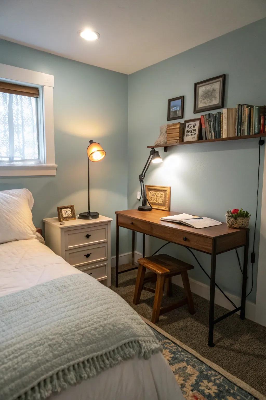 A small space utilizing task and ambient lighting to provide a cozy feel.