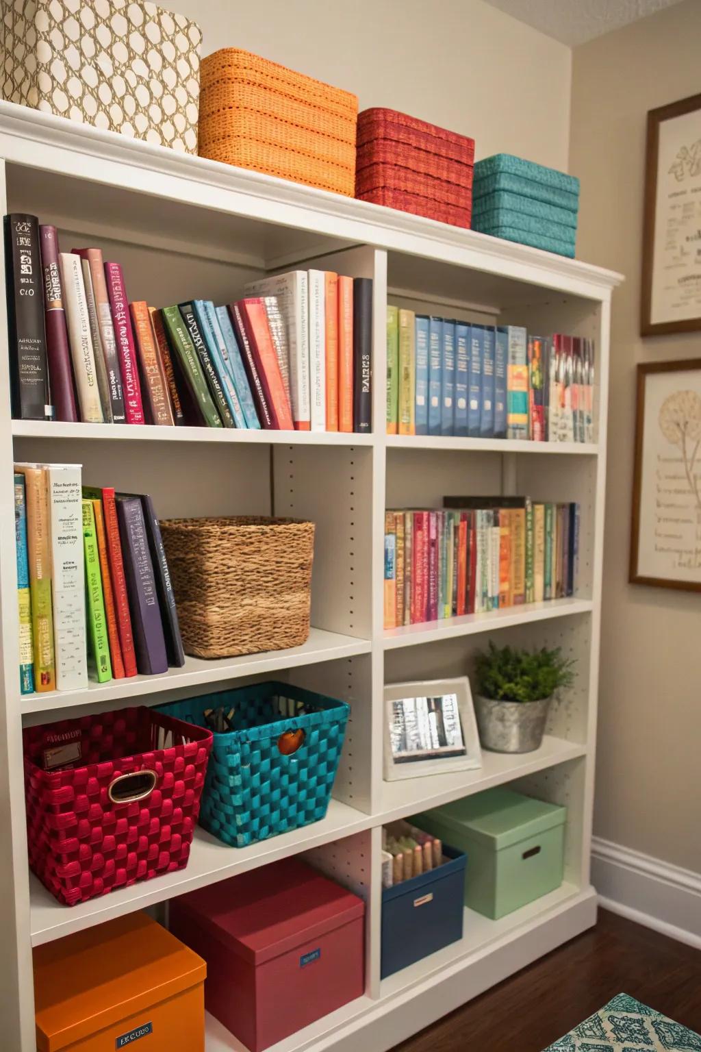 Bookshelf featuring decorative storage solutions.
