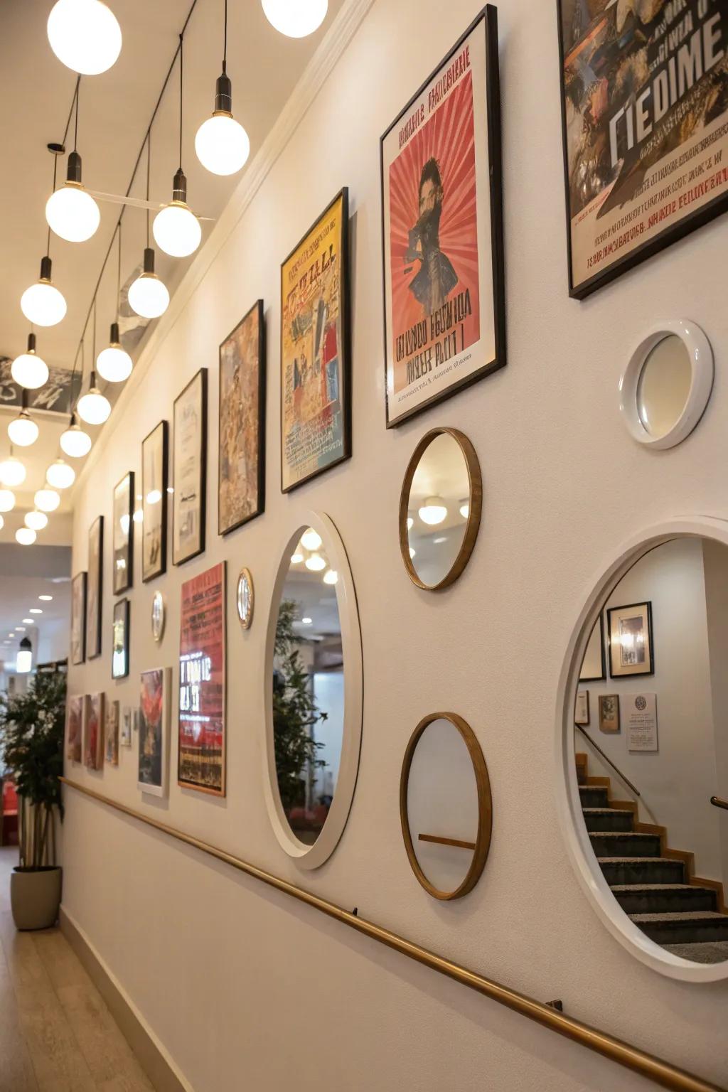 Mirrors interspersed with posters add elegance and space.