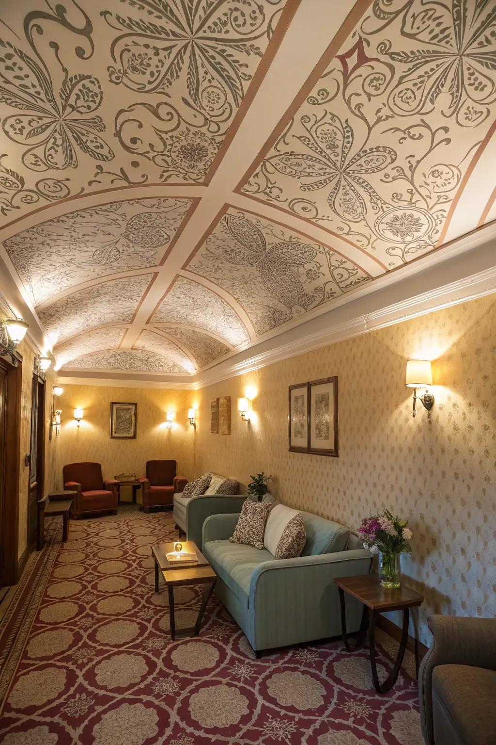 A snug room featuring a beautifully patterned wall covering roof.