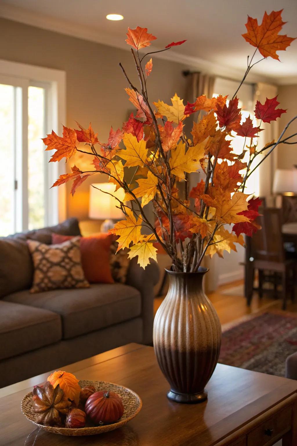 A vase of vibrant fall foliage creates a natural display.