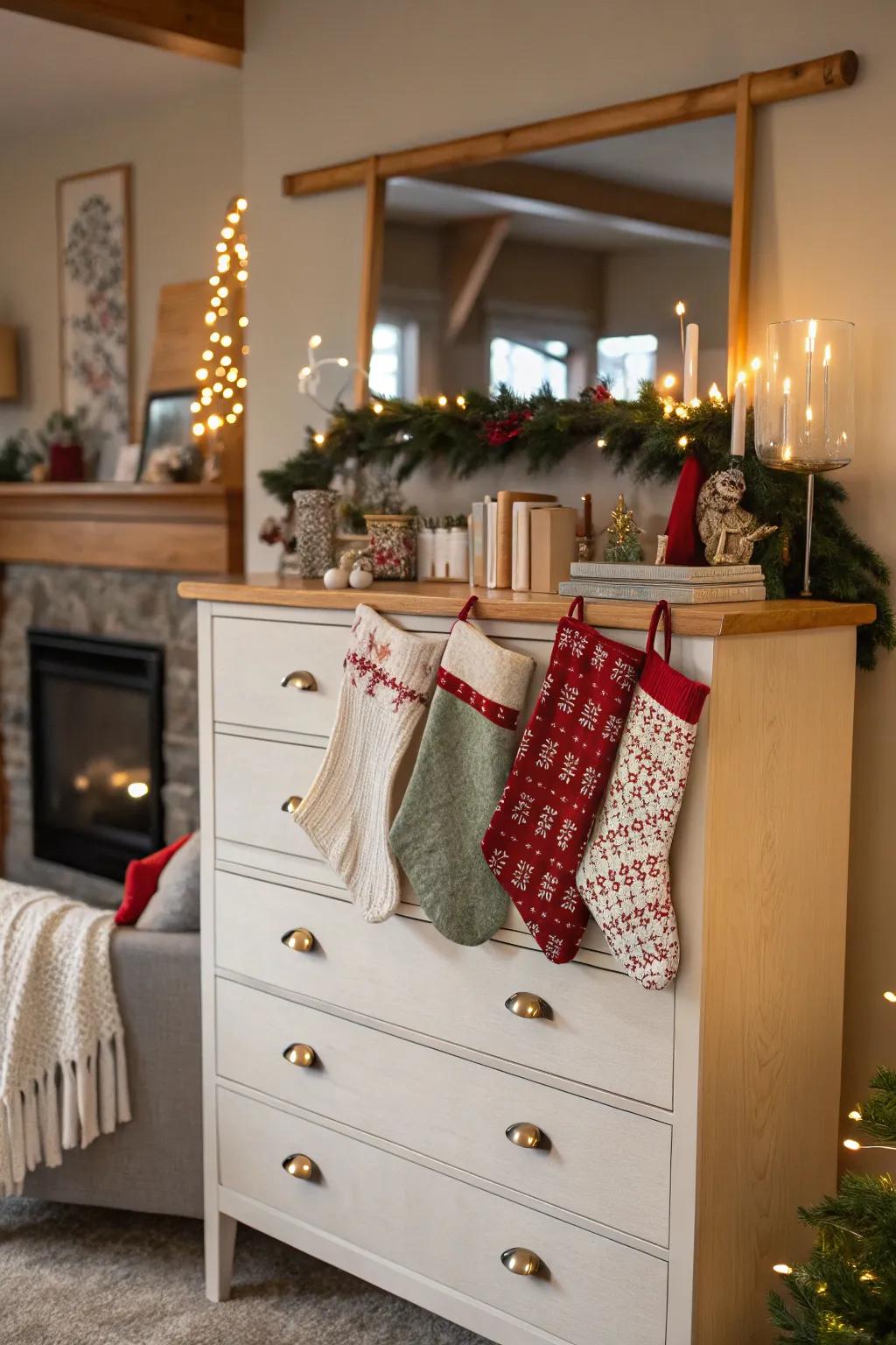 Furniture surfaces provide a convenient and fashionable display for stockings.