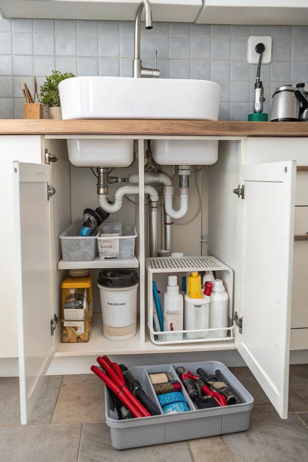 Below-sink cabinet featuring arrangers designed to fit around plumbing, maximizing storing.