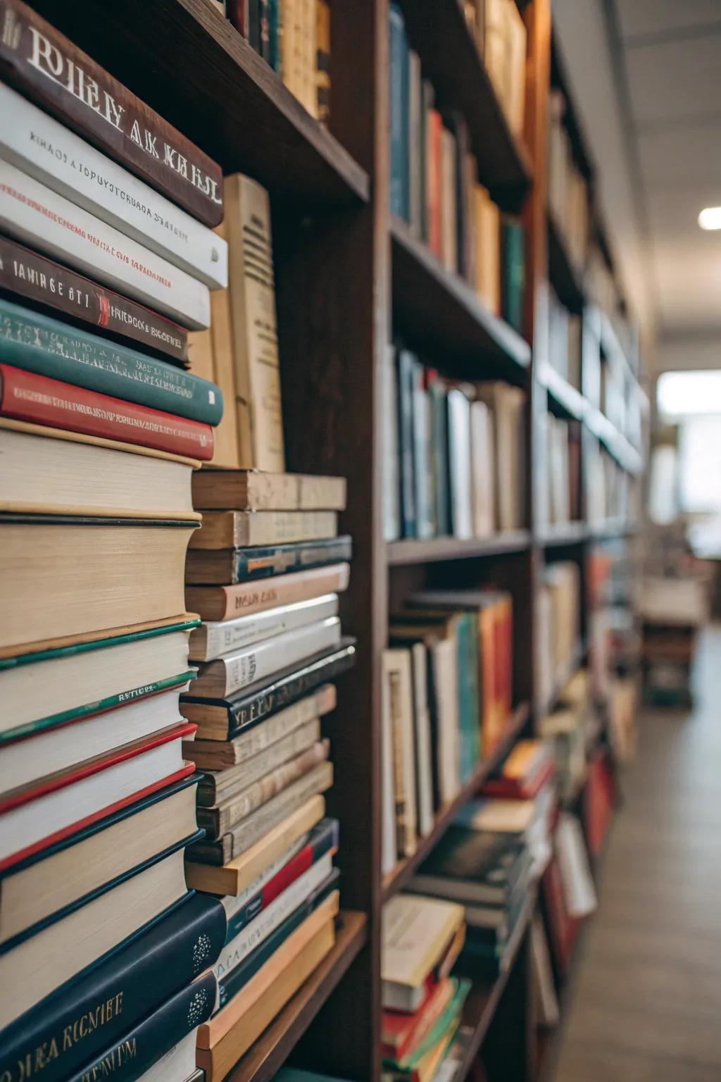 Multi-layered stacking adds depth to a bookshelf