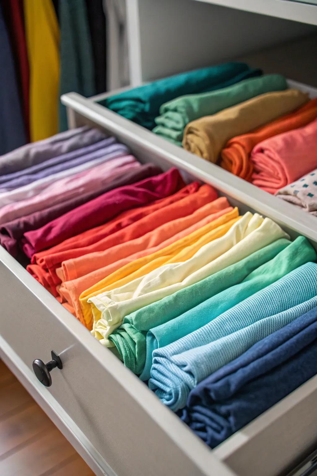 Aesthetic arrangement of clothing for a visually pleasing and functional drawer.