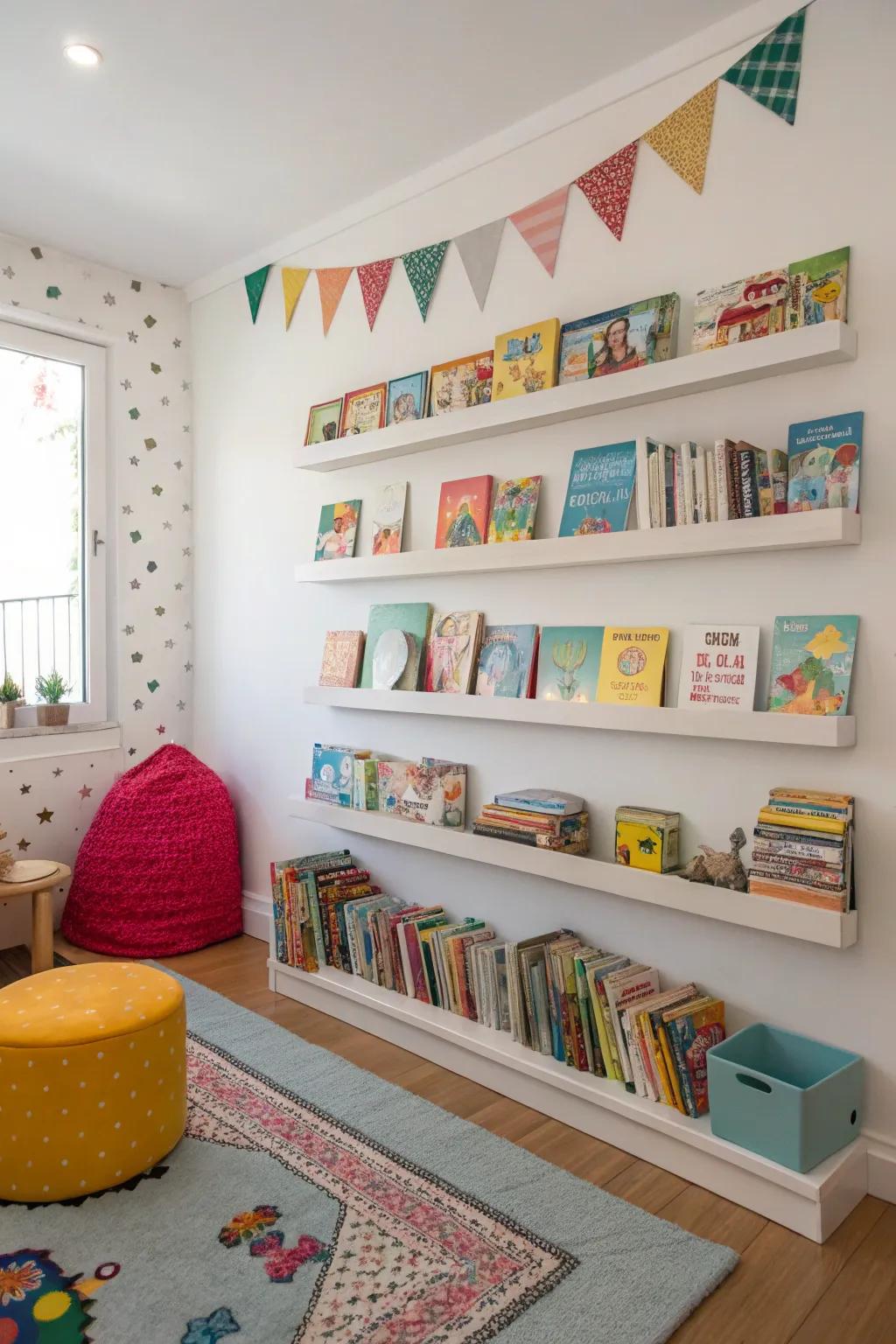 Wall-mounted bookshelves free up floor space and encourage reading.