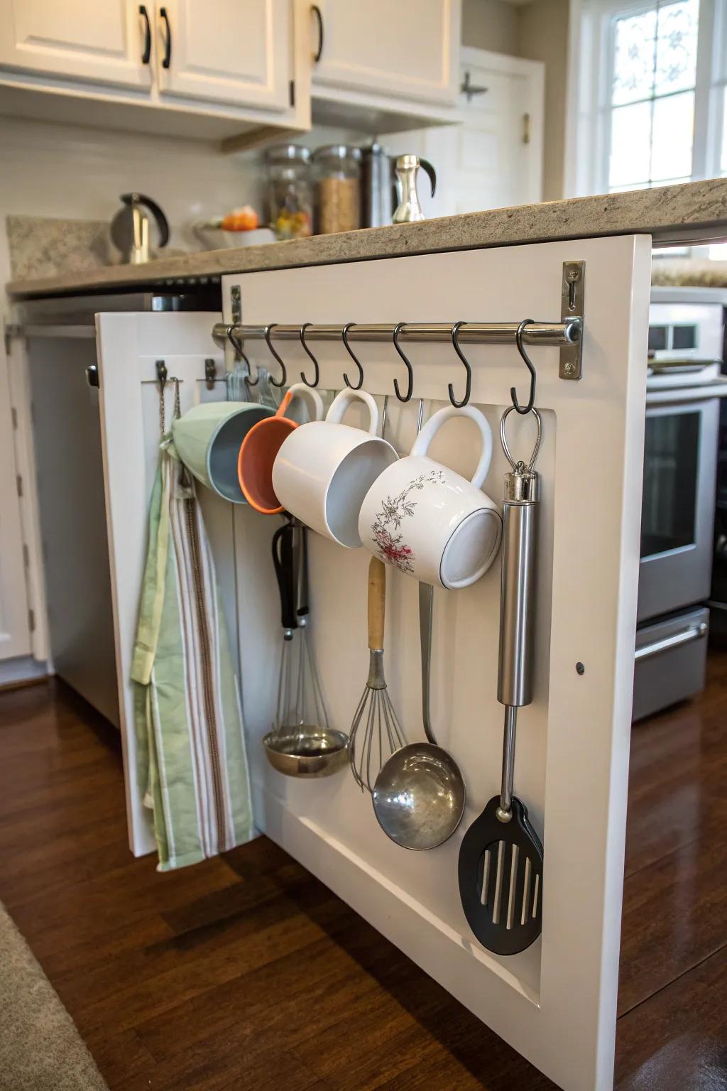 Hangers and hooks allow you to maximize the space on your cabinet doors.