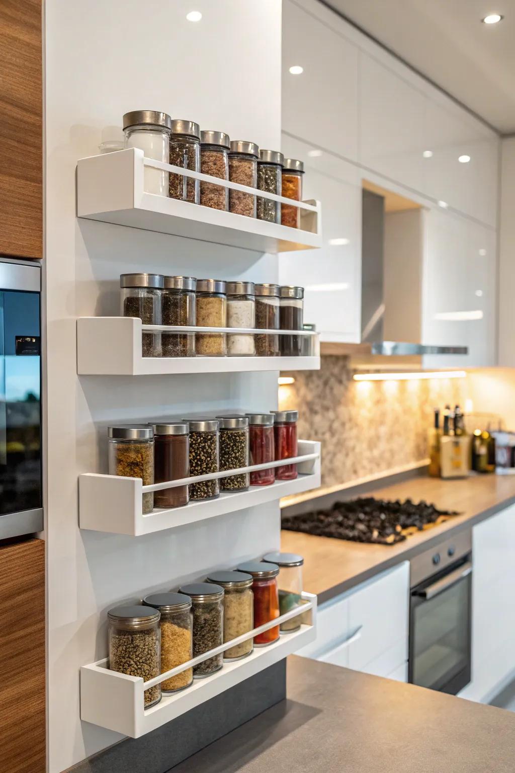 Wall-mounted shelves offer a streamlined, modern way to display spices.