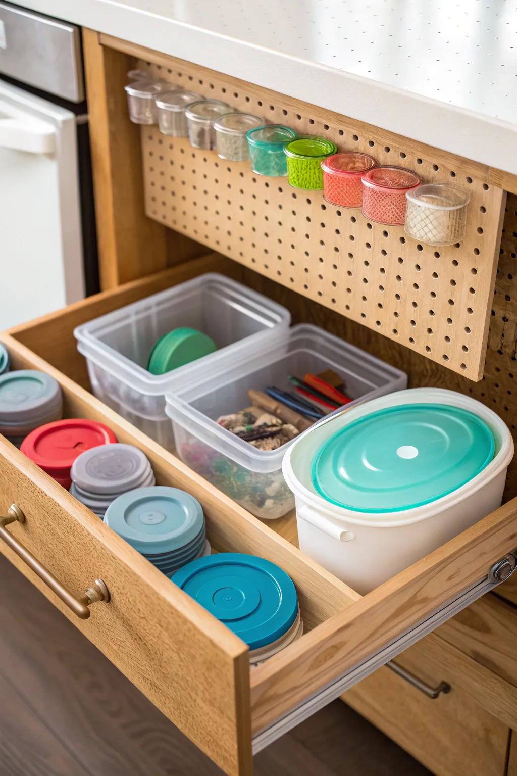 A drawer equipped with a pegboard to keep plastic containers organized.