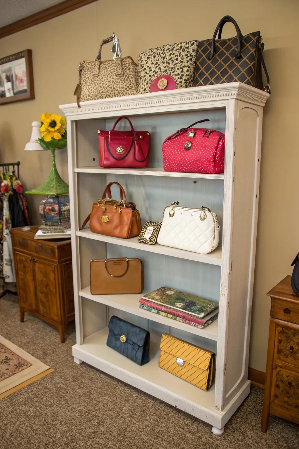 A bookshelf repurposed into a trendy handbag display.