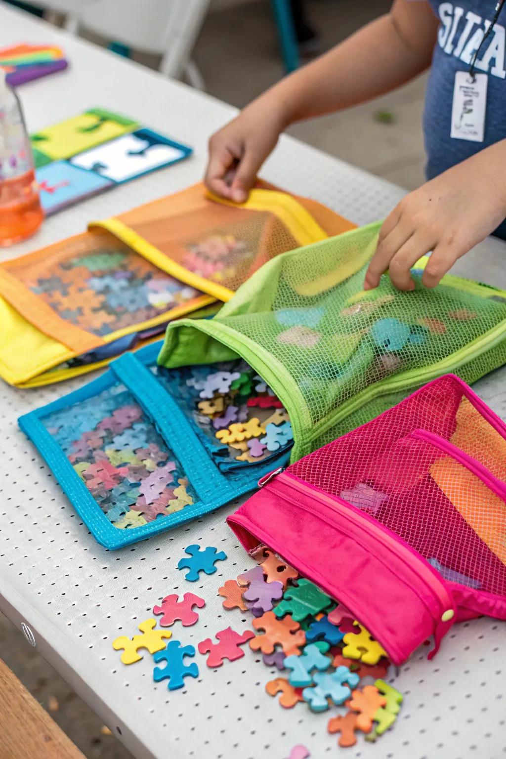 Net pouches organizing puzzle parts with maximum efficiency.