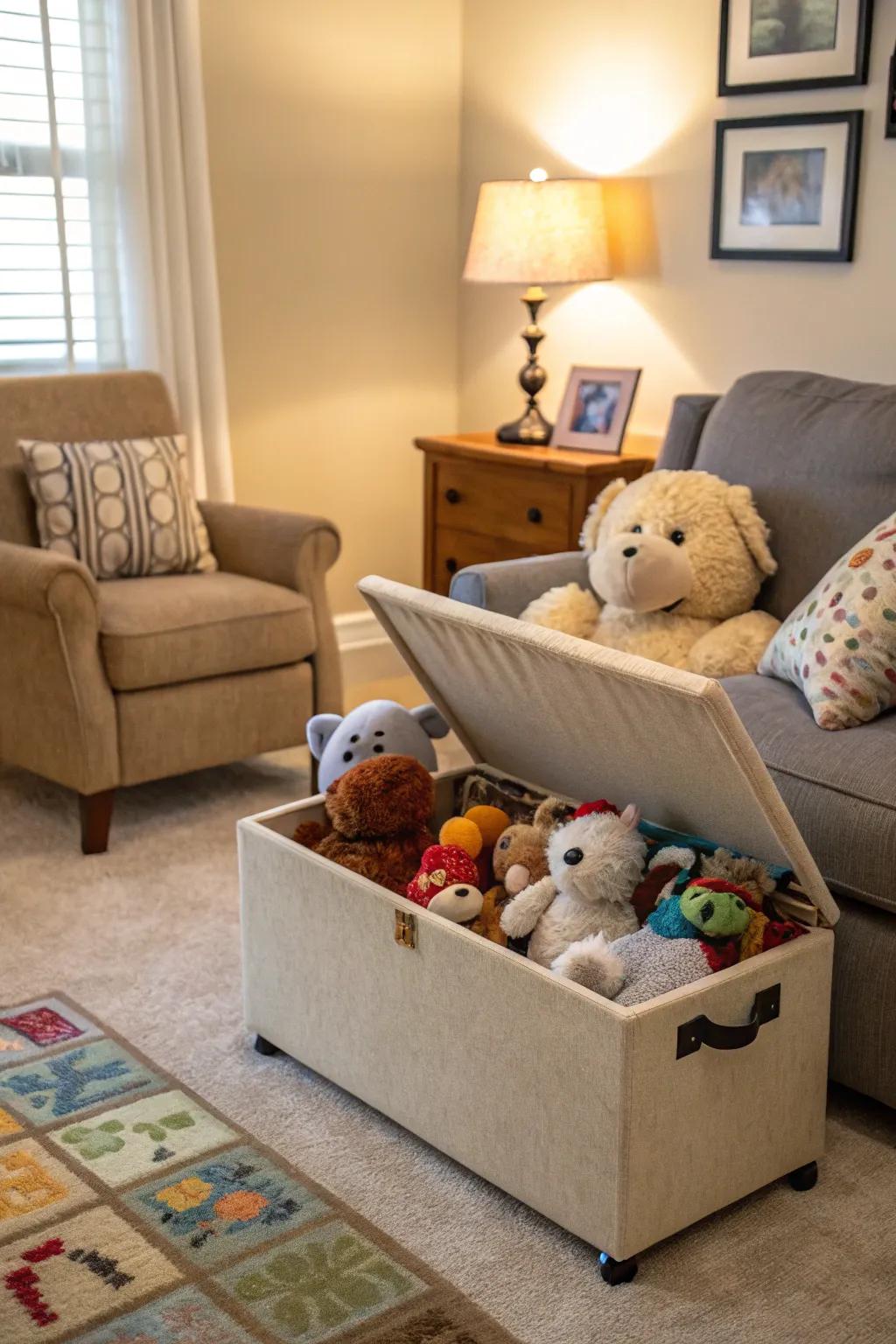 A storage bench provides discreet storage and additional seating.