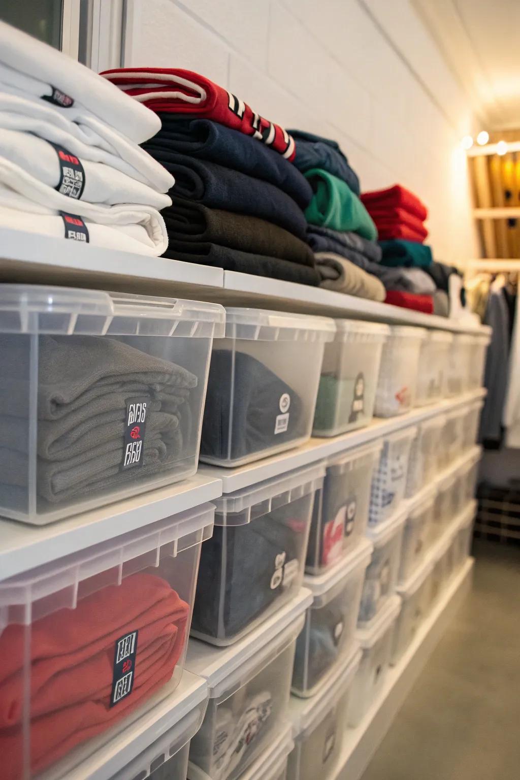 Clear containers make it easy to find your favorite sweatshirts.