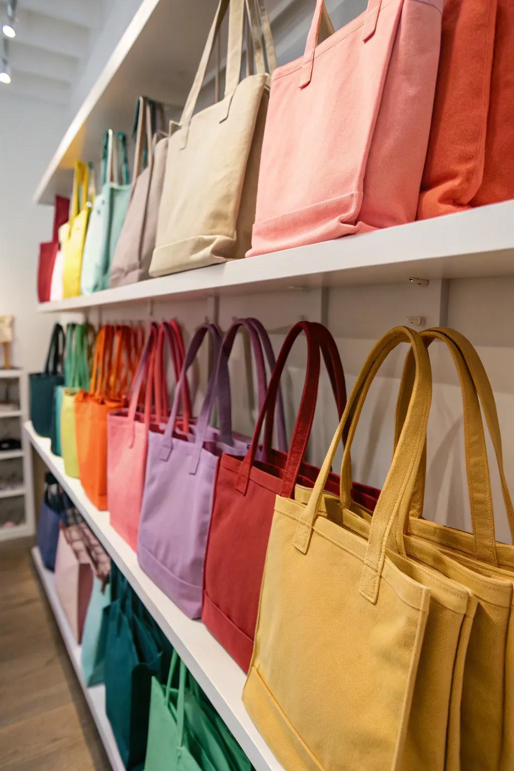 Sorting tote bags by hue adds a touch of harmony to your storage.