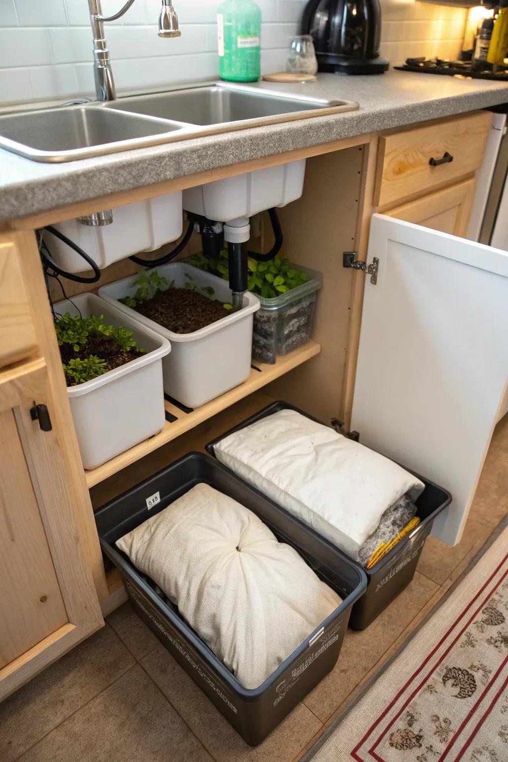 This interior worm composting system is neatly arranged beneath the kitchen sink, making it ideal for cramped areas.