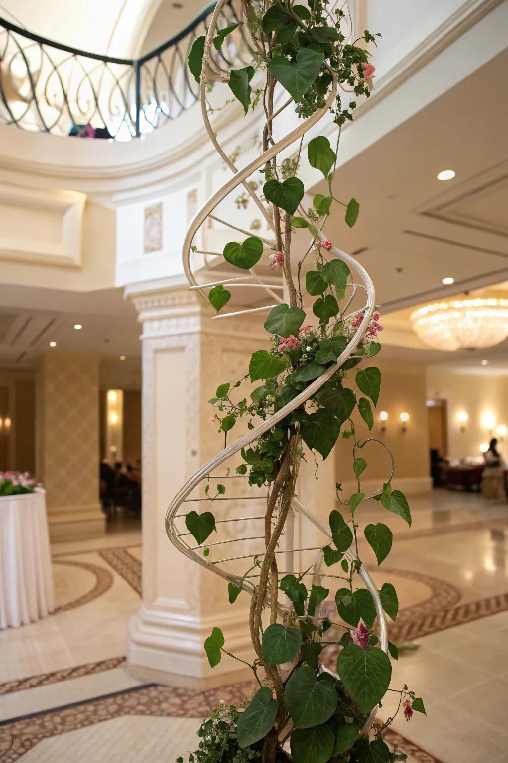 A refined interior features a Sweetheart plant on a whimsical coiled trellis.