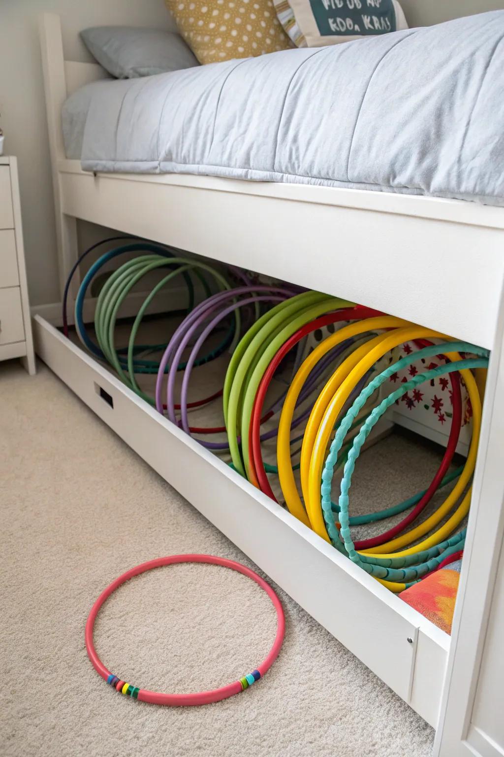 Hula hoops smartly stowed beneath a bed, optimizing space and keeping them out of sight.