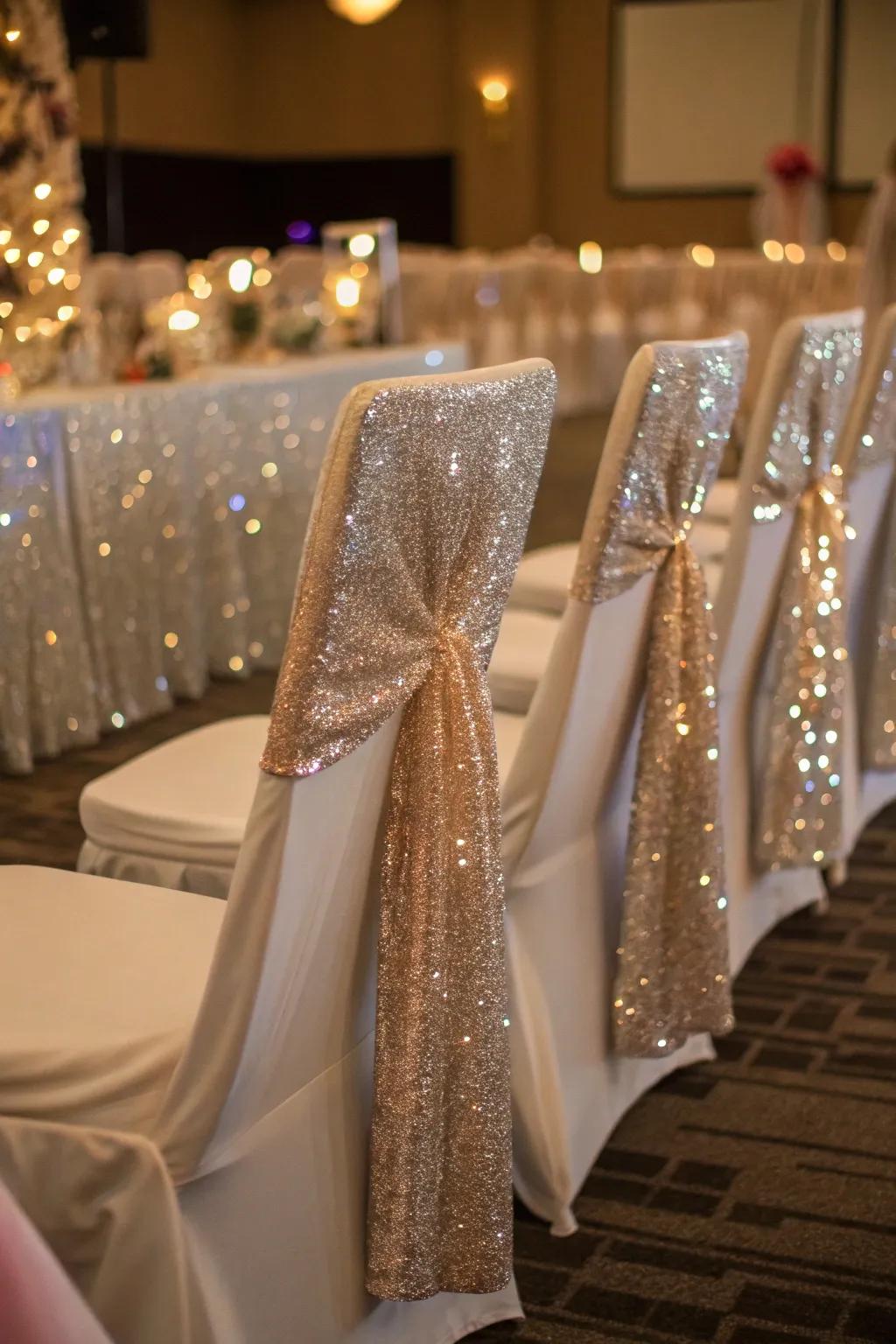 Glamorous shimmer with sequin seating covers.