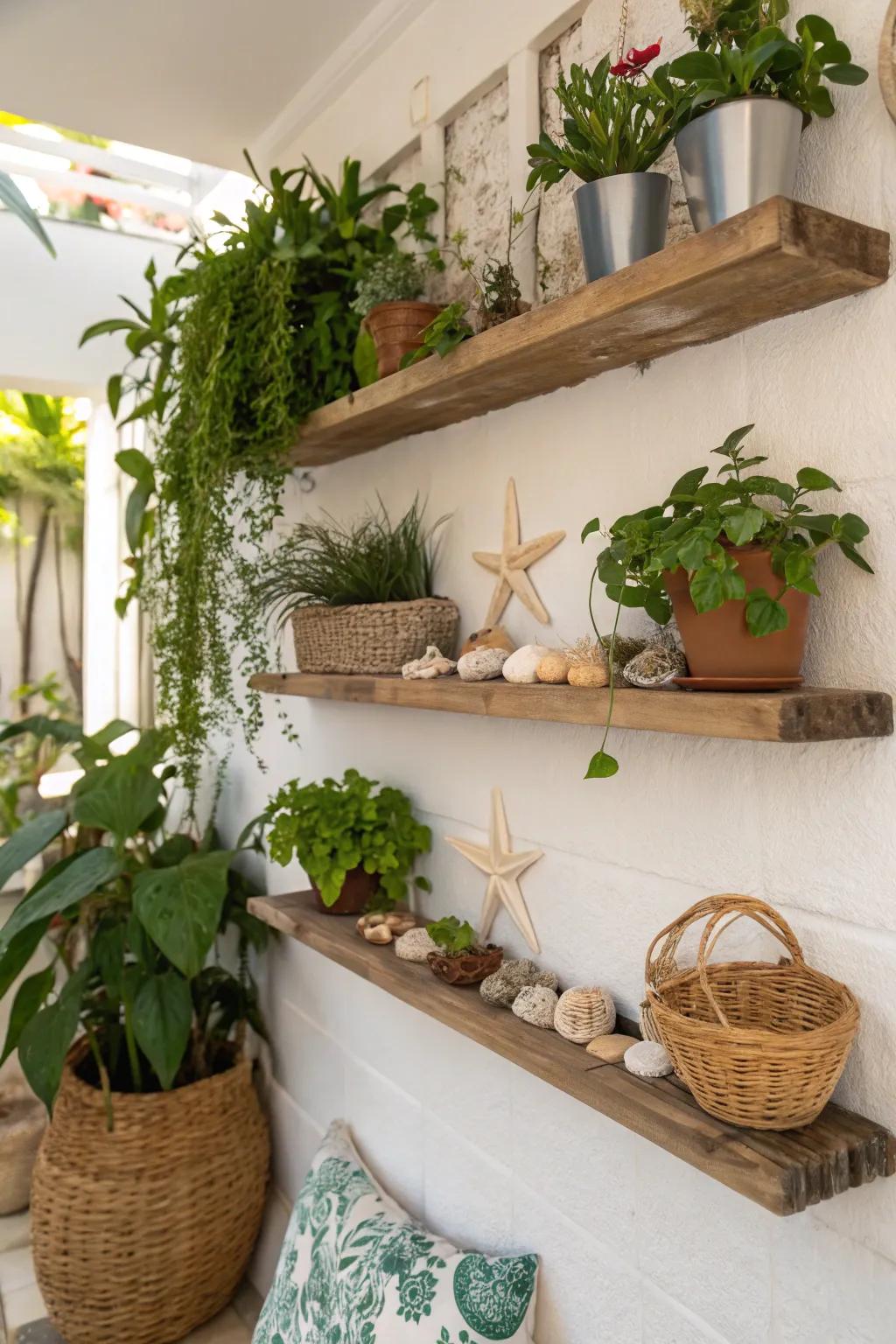 Add nature's touch to your living space with shelves full of plants.