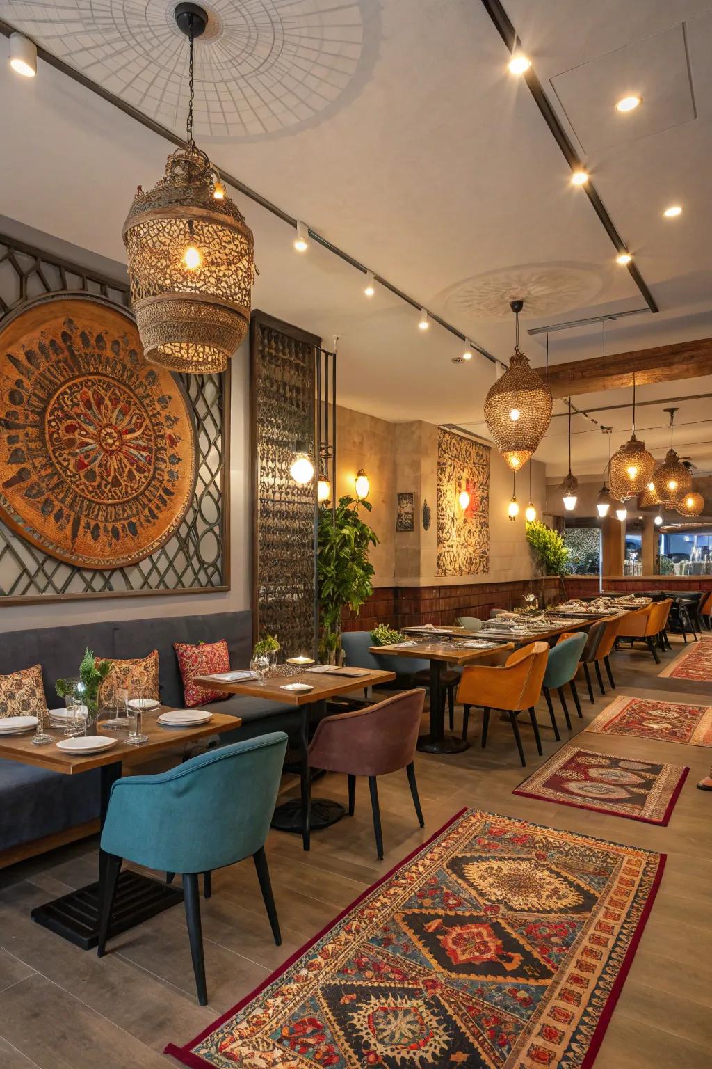 A fusion of modern and traditional design creates a unique setting in this Indian restaurant.