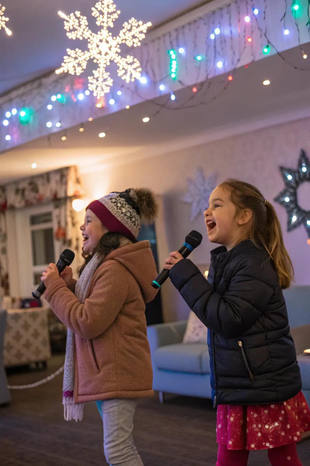 Children singing and dancing during a vibrant winter-inspired vocal fiesta session.