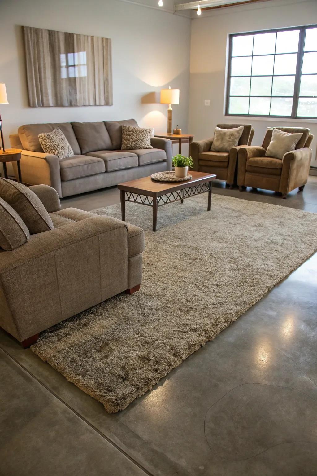 Plush rugs add warmth to concrete floors.