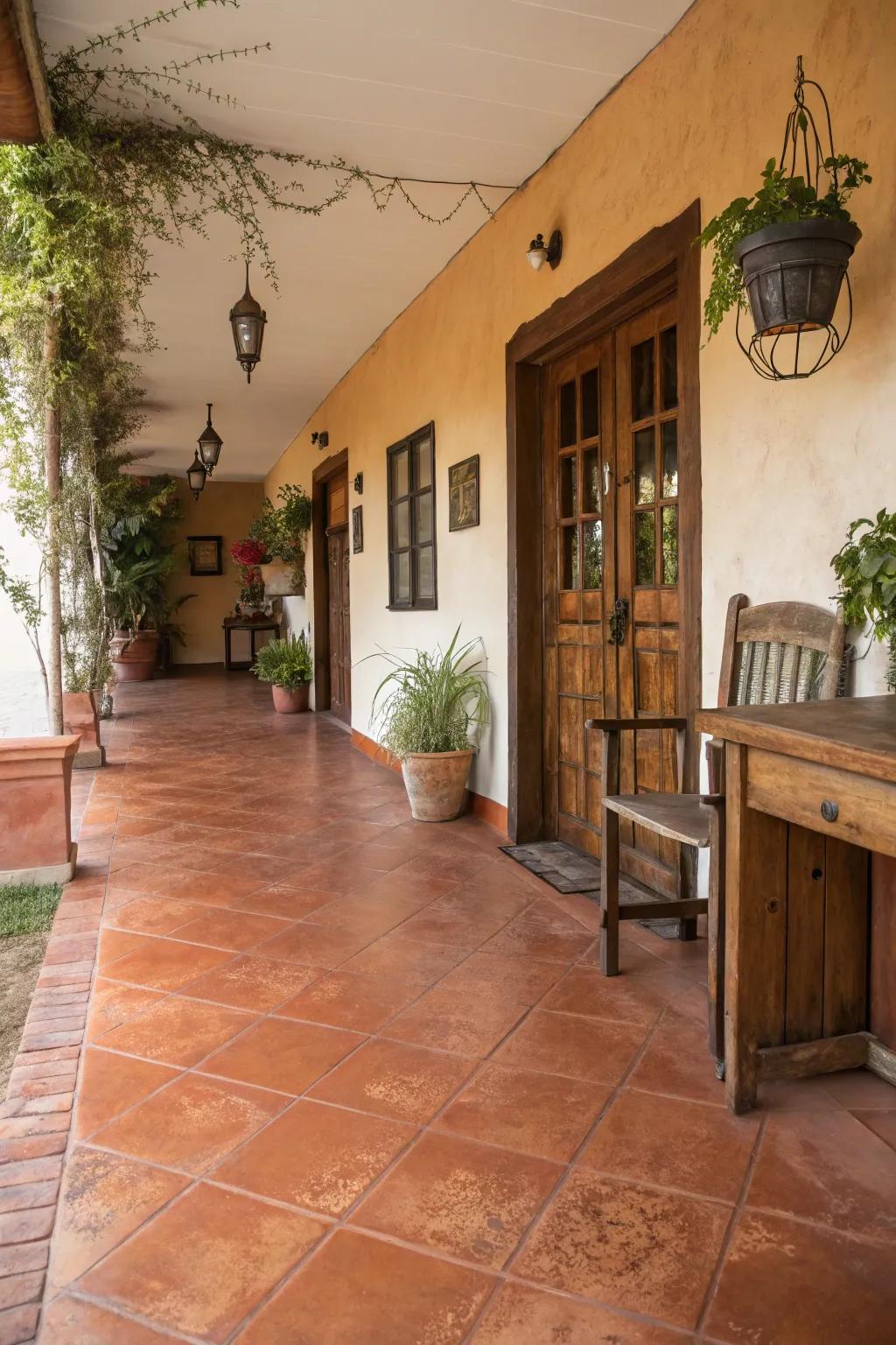 Warm terracotta tones on a concrete floor contribute a welcoming touch to this rustic entryway.