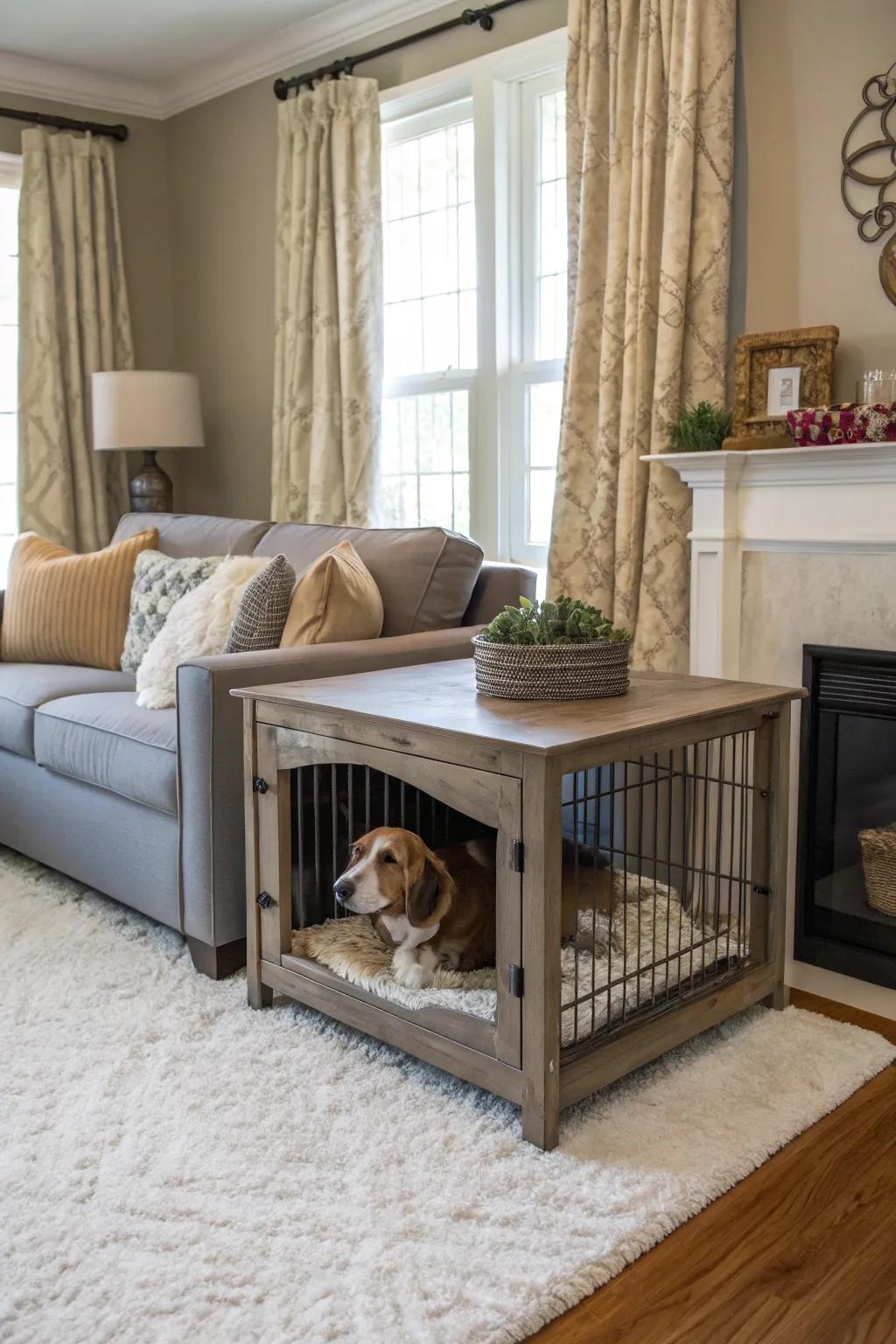 Revolutionizing petite environments with a dynamic and refined sofa table that cleverly disguises a pet space.